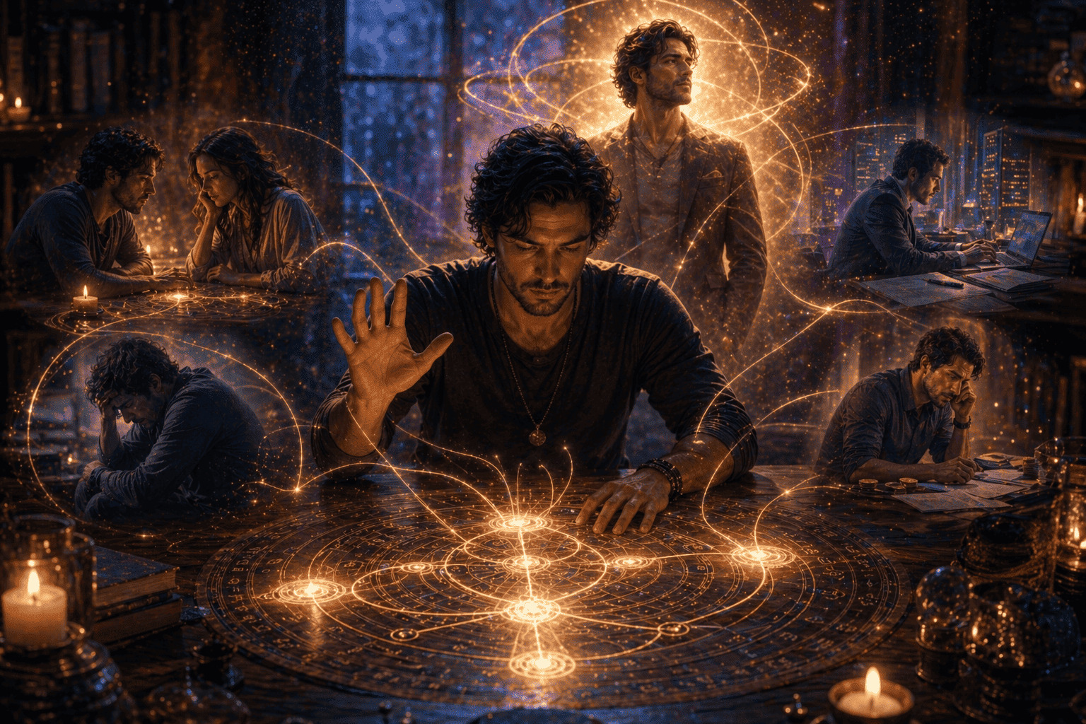 Couple viewing a numerology chart transforming into balanced glowing patterns