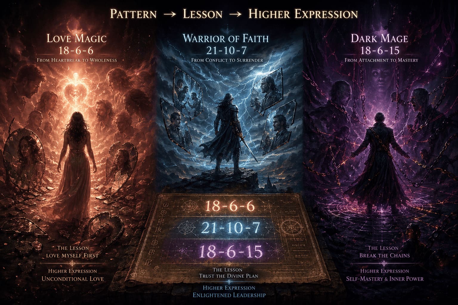 lean numerology chart featuring three glowing connected points arranged from left to right, symbolizing past, present, and future. Soft golden lines link each point across a detailed circular chart with blue and purple ambient lighting, balanced composition, and a realistic mystical atmosphere.