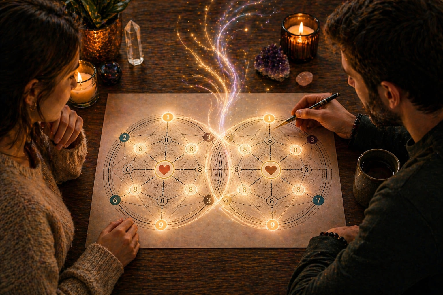Numerology chart with glowing nodes representing awareness and relationship growth