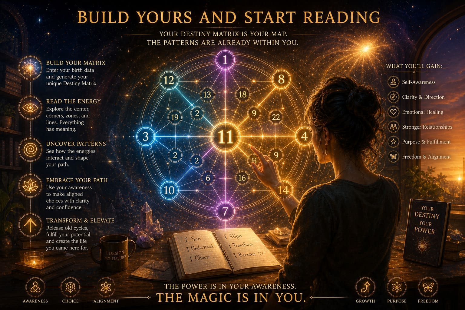 Create Your Destiny Matrix Chart Person interacting with a glowing Destiny Matrix chart, analyzing patterns and discovering insights in a cosmic-inspired environment.