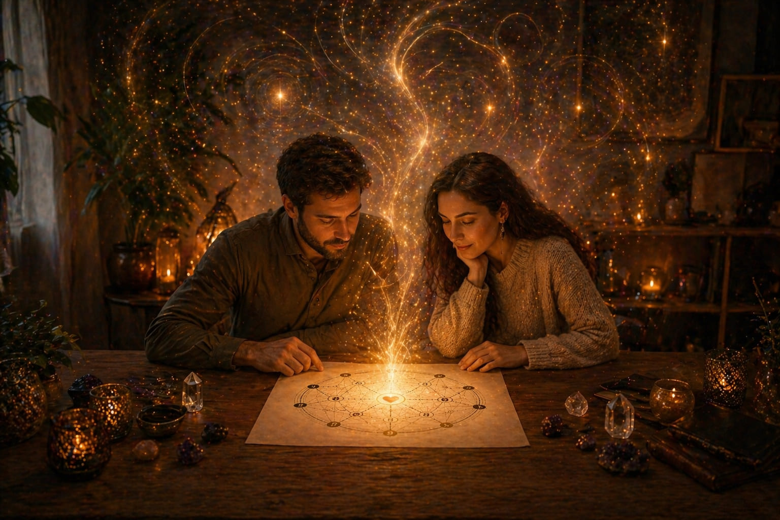 Two people connected through a glowing numerology field representing destiny connection