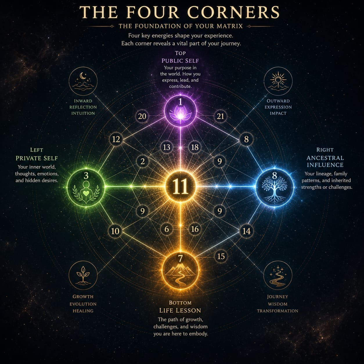 Destiny Matrix Four Corners Meaning Octagram chart highlighting four corners representing private self, public image, ancestral influence, and life lessons with glowing connections.