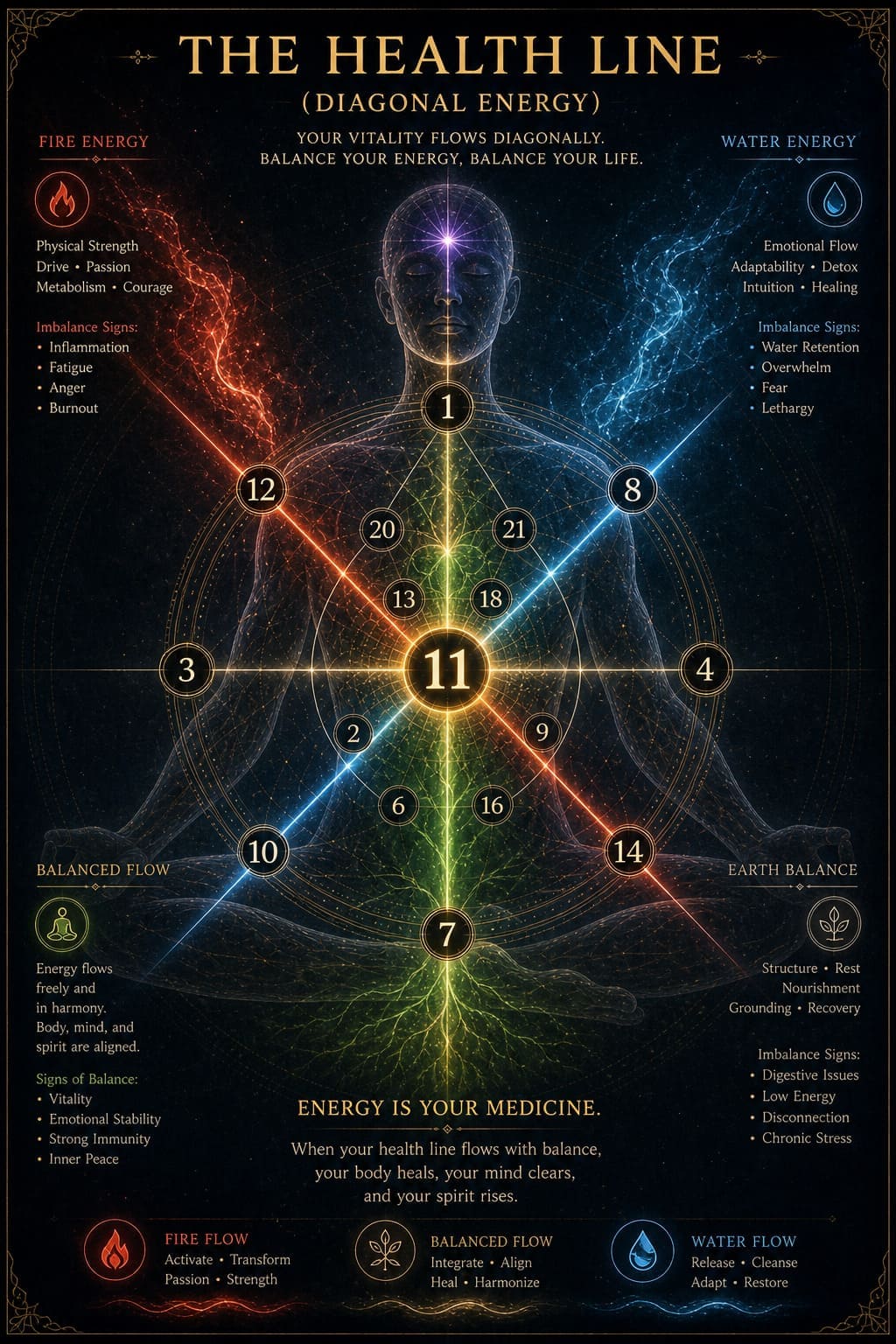 Destiny Matrix Health Line Energy Balance Diagonal lines across Destiny Matrix showing flowing energy in red and blue tones representing physical and emotional health patterns.