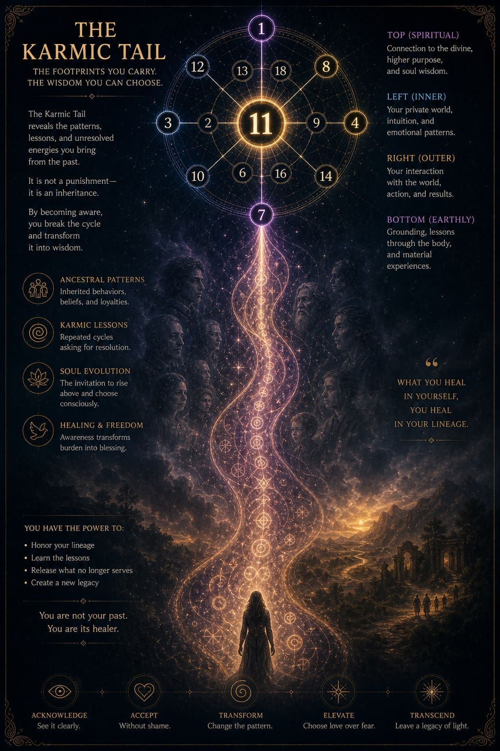 Destiny Matrix Karmic Tail Meaning Lower section of Destiny Matrix with a glowing tail and ancestral symbols representing inherited patterns and karmic lessons.