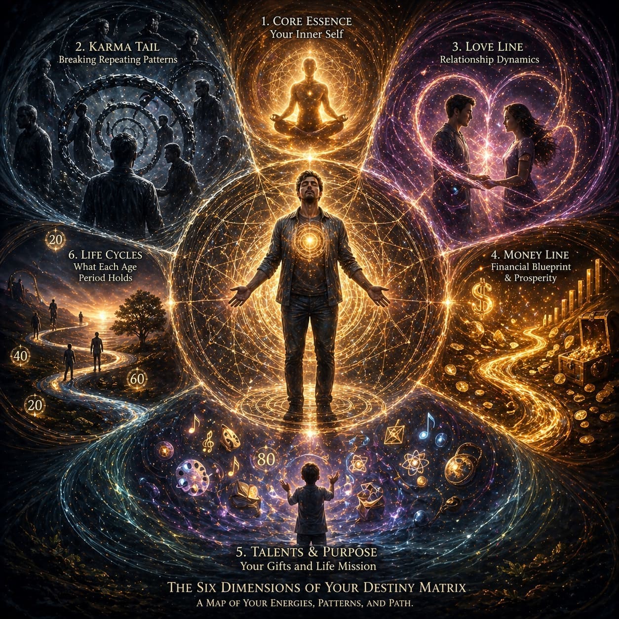 destiny-matrix-life-dimensions-purpose-relationships-money The six core dimensions revealed in your Destiny Matrix, including purpose, relationships, and financial energy.