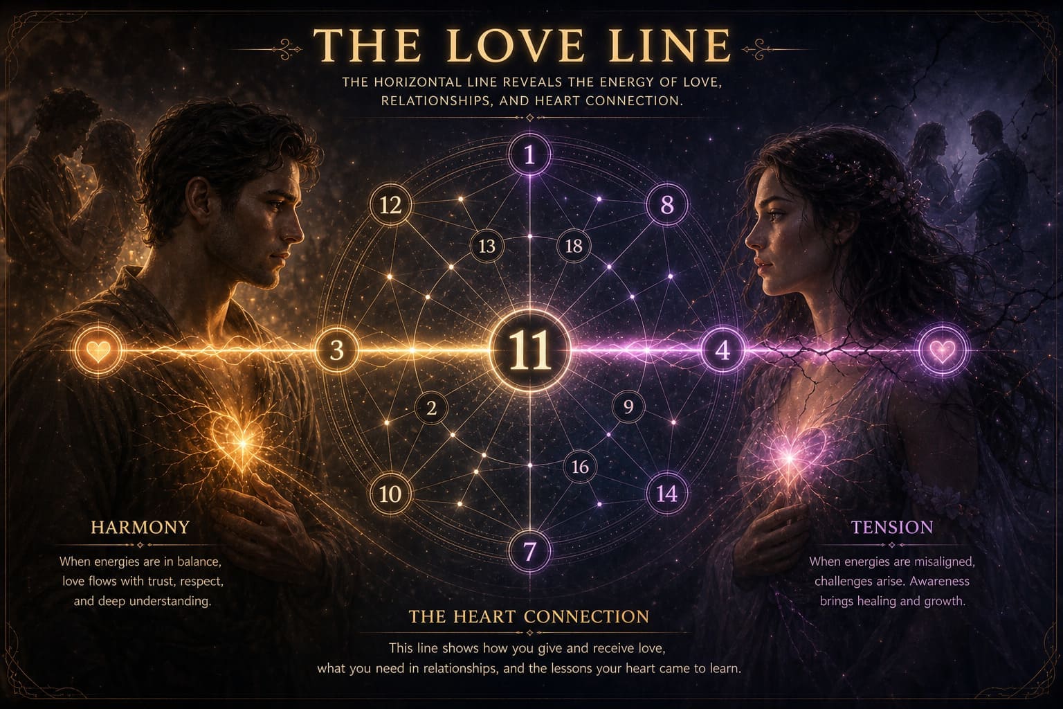 Destiny Matrix Love Line Relationships Horizontal love line across Destiny Matrix connecting two figures with glowing energy, representing emotional needs and relationship dynamics.