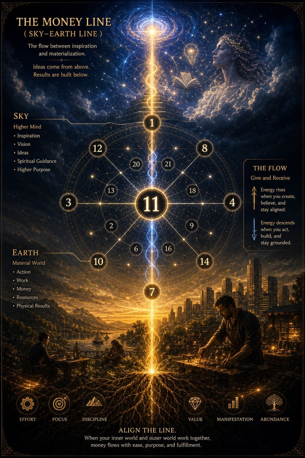 Destiny Matrix Money Line Energy Flow Vertical energy line connecting sky and earth through Destiny Matrix, symbolizing how money flows through ideas and daily work.