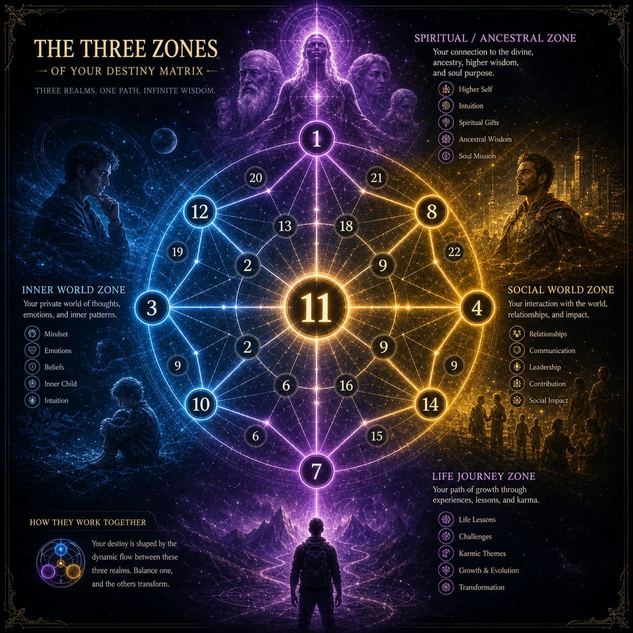 Destiny Matrix Three Zones Explained Destiny Matrix divided into inner, social, and spiritual zones with distinct colors and symbolic figures representing different energy areas.