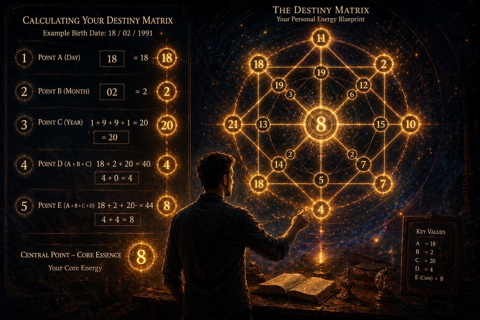 how-to-calculate-destiny-matrix-chart-step-by-step Step-by-step calculation of the Destiny Matrix chart from a full birth date.