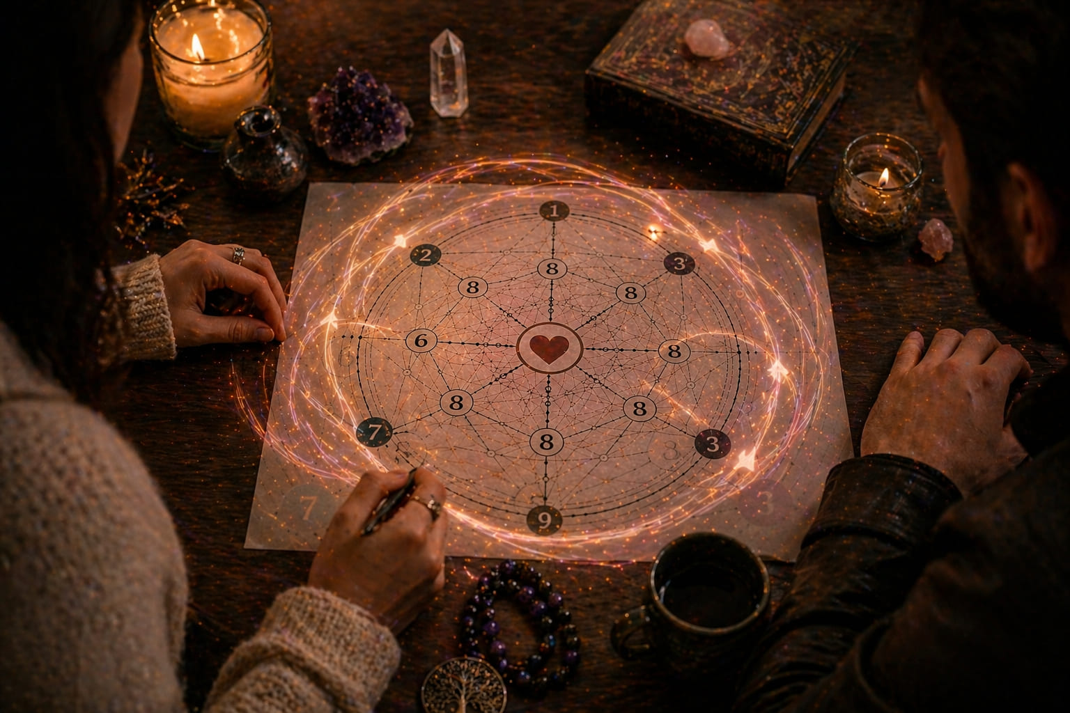 Circular energy loop around numerology chart showing repeating relationship patterns