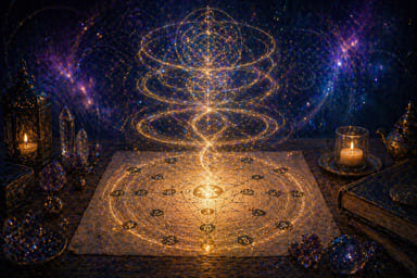 Couple reflecting over a numerology chart with layered glowing patterns representing soul correction