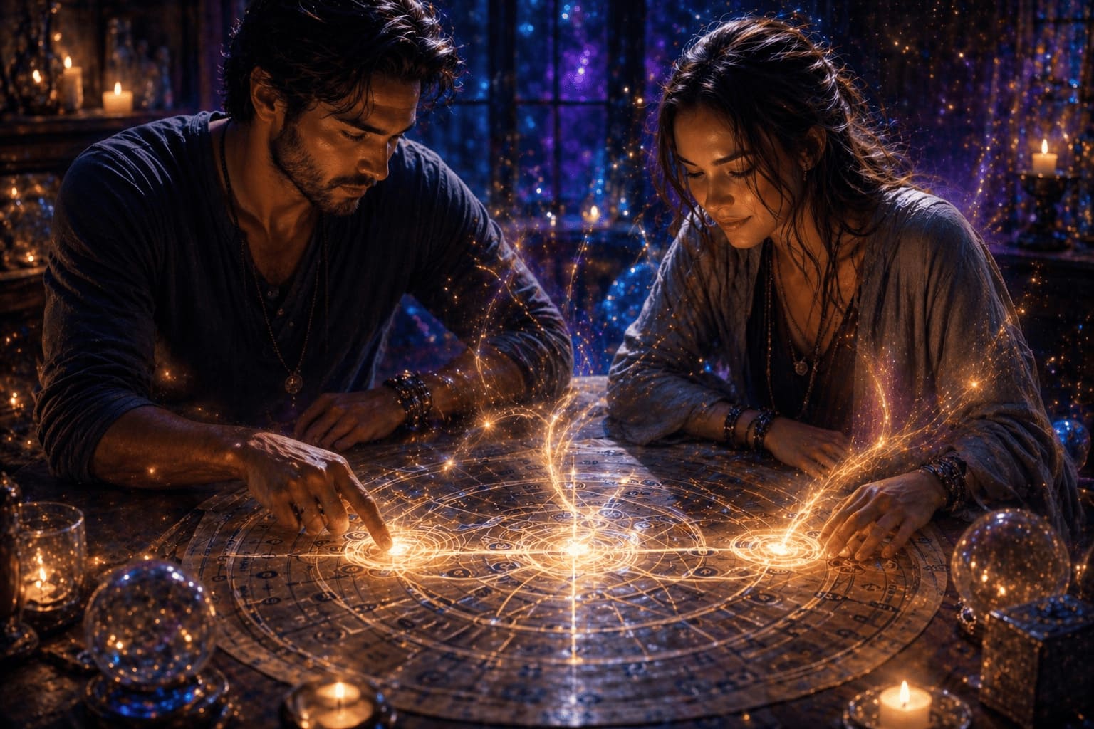 Couple reviewing a numerology chart showing repeating karmic patterns